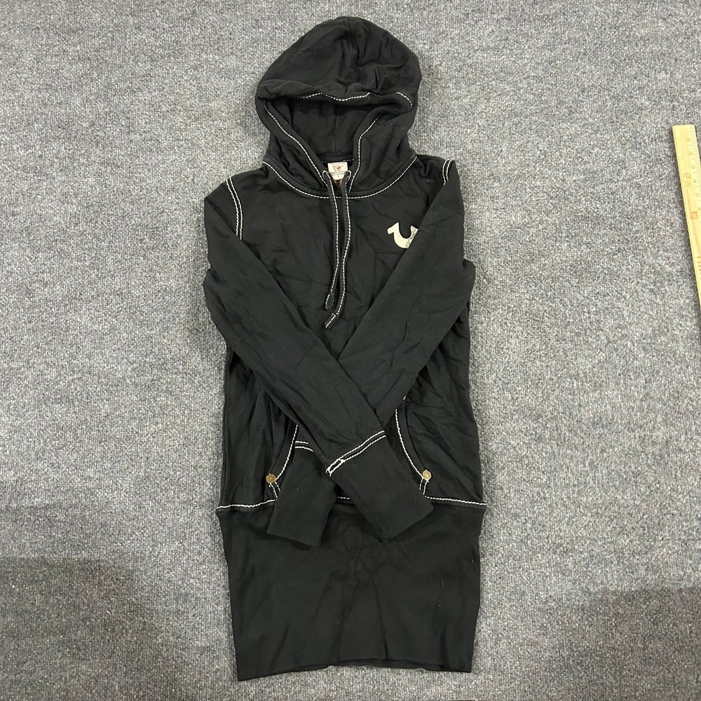 True Religion Hoodie Womens Size L Black Contrast Longline Sweatshirt Dress